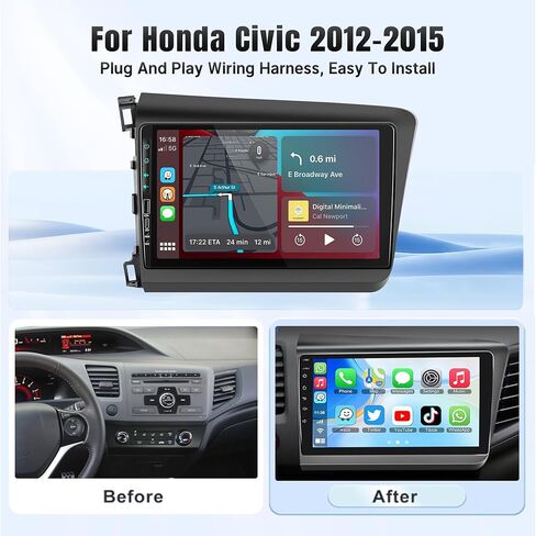 راديو ستيريو Android من Leadfan لسيارة Honda Civic 2012 2013 2014 2015 مع CarPlay Android Auto، شاشة لمس 9 بوصة IPS راديو GPS ملاحة بلوتوث 5.1 التحكم الصوتي WiFi FM كاميرا احتياطية SWC in Saudi Arabia