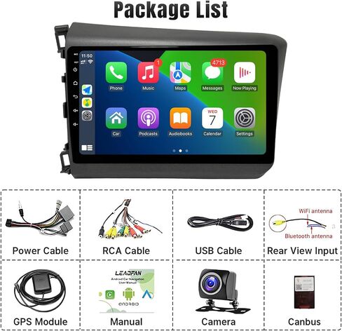 راديو ستيريو Android من Leadfan لسيارة Honda Civic 2012 2013 2014 2015 مع CarPlay Android Auto، شاشة لمس 9 بوصة IPS راديو GPS ملاحة بلوتوث 5.1 التحكم الصوتي WiFi FM كاميرا احتياطية SWC in Saudi Arabia