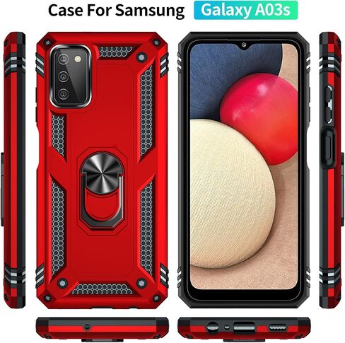for Samsung Galaxy A03S Case,Galaxy A03S Case with Camera Cover & 360°Kickstand Ring with Screen Protector, Military Grade Shockproof Protective Phone Case for Samsung A03S (Case Black) in Saudi Arabia