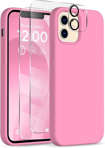 حافظة لهاتف iPhone 12 وiPhone 12 Pro، [واقي عدسة الكاميرا + واقي شاشة]، غطاء هاتف رفيع وبطانة ناعمة من الألياف الدقيقة من السيليكون المقاوم للصدمات مقاس 6.1 بوصة، وردي فاتح in Kuwait