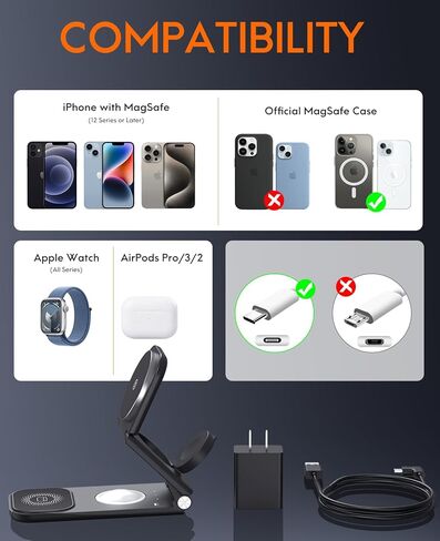 قاعدة شحن لاسلكية 3 في 1 لأجهزة iPhone 15/14/13/Plus/Pro/Pro Max/12 & AirPods 3/2/Pro وApple Watch & Mag-Safe، حامل شاحن مغناطيسي سريع قابل للطي بقدرة 18 وات، شاحن محمول لـ iPhone أبل، أسود in Kuwait