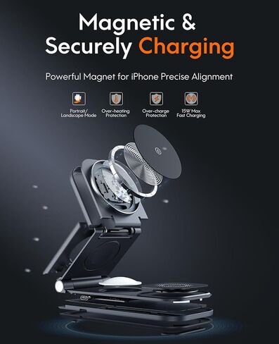 قاعدة شحن لاسلكية 3 في 1 لأجهزة iPhone 15/14/13/Plus/Pro/Pro Max/12 & AirPods 3/2/Pro وApple Watch & Mag-Safe، حامل شاحن مغناطيسي سريع قابل للطي بقدرة 18 وات، شاحن محمول لـ iPhone أبل، أسود in Kuwait