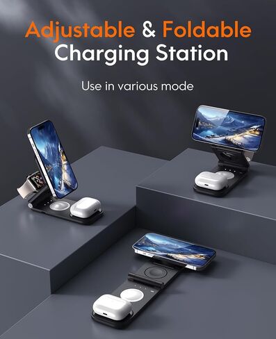 قاعدة شحن لاسلكية 3 في 1 لأجهزة iPhone 15/14/13/Plus/Pro/Pro Max/12 & AirPods 3/2/Pro وApple Watch & Mag-Safe، حامل شاحن مغناطيسي سريع قابل للطي بقدرة 18 وات، شاحن محمول لـ iPhone أبل، أسود in Kuwait