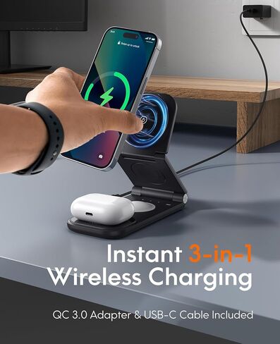 قاعدة شحن لاسلكية 3 في 1 لأجهزة iPhone 15/14/13/Plus/Pro/Pro Max/12 & AirPods 3/2/Pro وApple Watch & Mag-Safe، حامل شاحن مغناطيسي سريع قابل للطي بقدرة 18 وات، شاحن محمول لـ iPhone أبل، أسود in Kuwait