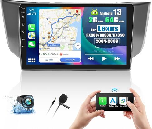 ستيريو سيارة 2G+64G Android 13 لسيارة Lexus RX300/RX330/RX350 2004-2009 مع Carplay Android Auto، راديو سيارة بشاشة لمس 9 بوصة مع نظام ملاحة GPS، بلوتوث، راديو WiFi/FM/RDS، SWC+كاميرا احتياطية in Saudi Arabia