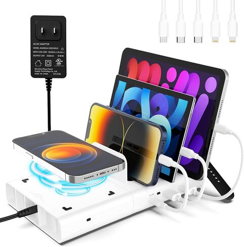 Charging Station for Multiple Devices, 4 in 1 Charging Dock with 20W Fast PD USB-C Port and 15W Wireless Charger, 5 Mixed Cables Included for Cellphone iPad Tablets and More in Saudi Arabia
