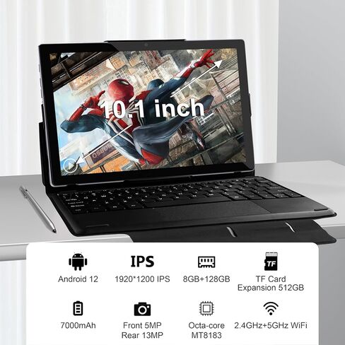 تابلت BYYBUO مع لوحة مفاتيح Android 12 Tablet، 10.1 بوصة 2 في 1 أقراص 128 جيجا بايت 1080 بكسل شاشة عالية الدقة 7000 مللي أمبير، بطارية 7000 مللي أمبير في الساعة، وحدة المعالجة المركزية ثماني النواة 2.0 جيجا هرتز، واي فاي، بلوتوث، GPS، هيكل معدني IPS Andro in Kuwait
