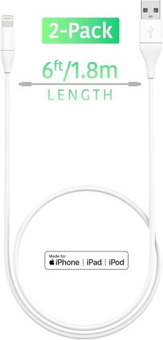 TalkWorks iPhone Charger Lightning Cable 2 حزمة بطول 6 أقدام سلك عالي التحمل معتمد من MFI لأجهزة Apple iPhone 12، 12 Pro/Max، 12 Mini، 11، 11 Pro/Max، XR، XS/Max، X، 8، 7، 6، آيباد - أبيض in Kuwait