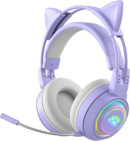 Lomiluskr RGB Cute Cat Ear Wireless Headset with Detachable Mic, Bluetooth/Wired Dual Mode Over Ear Headset, Interchangeable Cat and Deer Ears, Compatible with PC, Laptop, Tablet, Smartphone (Pink) in Saudi Arabia