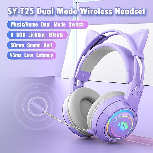 Lomiluskr RGB Cute Cat Ear Wireless Headset with Detachable Mic, Bluetooth/Wired Dual Mode Over Ear Headset, Interchangeable Cat and Deer Ears, Compatible with PC, Laptop, Tablet, Smartphone (Pink) in Saudi Arabia