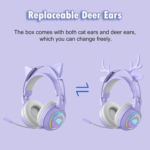 Lomiluskr RGB Cute Cat Ear Wireless Headset with Detachable Mic, Bluetooth/Wired Dual Mode Over Ear Headset, Interchangeable Cat and Deer Ears, Compatible with PC, Laptop, Tablet, Smartphone (Pink) in Saudi Arabia