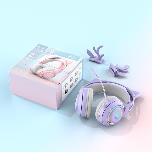 Lomiluskr RGB Cute Cat Ear Wireless Headset with Detachable Mic, Bluetooth/Wired Dual Mode Over Ear Headset, Interchangeable Cat and Deer Ears, Compatible with PC, Laptop, Tablet, Smartphone (Pink) in Saudi Arabia