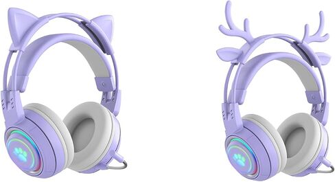 Lomiluskr RGB Cute Cat Ear Wireless Headset with Detachable Mic, Bluetooth/Wired Dual Mode Over Ear Headset, Interchangeable Cat and Deer Ears, Compatible with PC, Laptop, Tablet, Smartphone (Pink) in Saudi Arabia