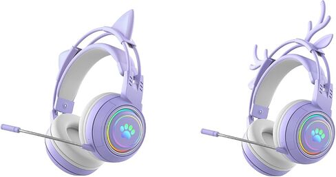 Lomiluskr RGB Cute Cat Ear Wireless Headset with Detachable Mic, Bluetooth/Wired Dual Mode Over Ear Headset, Interchangeable Cat and Deer Ears, Compatible with PC, Laptop, Tablet, Smartphone (Pink) in Saudi Arabia