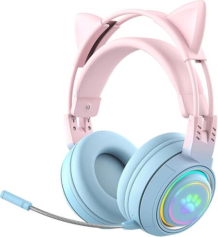 سماعة رأس لاسلكية RGB Cute Cat Ear مع ميكروفون قابل للفصل، سماعة رأس بلوتوث/سلكية مزدوجة الوضع فوق الأذن، آذان قطط وغزلان قابلة للتبديل، متوافقة مع الكمبيوتر الشخصي والكمبيوتر المحمول والكمبيوتر اللوحي والهاتف الذكي (أرجواني) in Kuwait