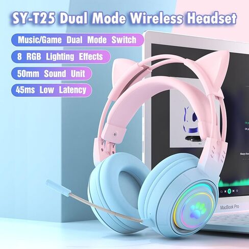 سماعة رأس لاسلكية RGB Cute Cat Ear مع ميكروفون قابل للفصل، سماعة رأس بلوتوث/سلكية مزدوجة الوضع فوق الأذن، آذان قطط وغزلان قابلة للتبديل، متوافقة مع الكمبيوتر الشخصي والكمبيوتر المحمول والكمبيوتر اللوحي والهاتف الذكي (أرجواني) in Kuwait