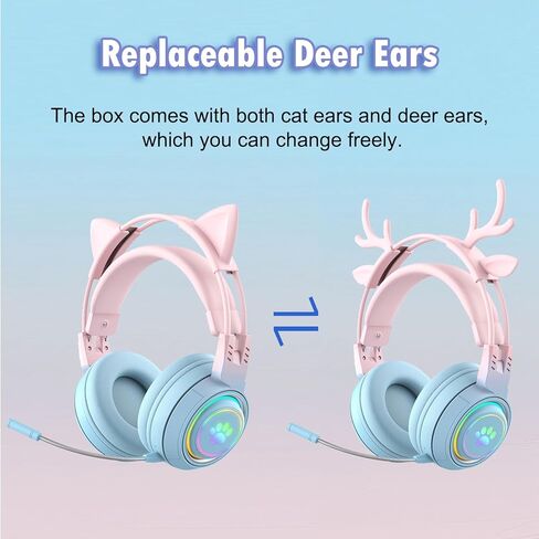 سماعة رأس لاسلكية RGB Cute Cat Ear مع ميكروفون قابل للفصل، سماعة رأس بلوتوث/سلكية مزدوجة الوضع فوق الأذن، آذان قطط وغزلان قابلة للتبديل، متوافقة مع الكمبيوتر الشخصي والكمبيوتر المحمول والكمبيوتر اللوحي والهاتف الذكي (أرجواني) in Kuwait