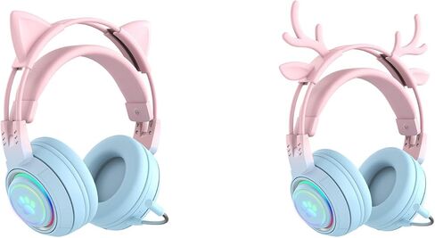 سماعة رأس لاسلكية RGB Cute Cat Ear مع ميكروفون قابل للفصل، سماعة رأس بلوتوث/سلكية مزدوجة الوضع فوق الأذن، آذان قطط وغزلان قابلة للتبديل، متوافقة مع الكمبيوتر الشخصي والكمبيوتر المحمول والكمبيوتر اللوحي والهاتف الذكي (أرجواني) in Kuwait