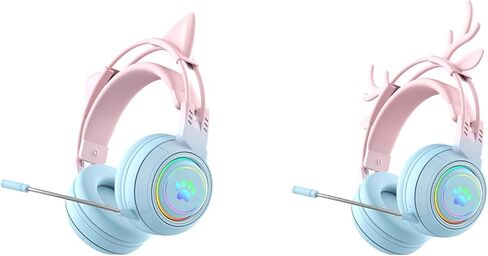 سماعة رأس لاسلكية RGB Cute Cat Ear مع ميكروفون قابل للفصل، سماعة رأس بلوتوث/سلكية مزدوجة الوضع فوق الأذن، آذان قطط وغزلان قابلة للتبديل، متوافقة مع الكمبيوتر الشخصي والكمبيوتر المحمول والكمبيوتر اللوحي والهاتف الذكي (أرجواني) in Kuwait