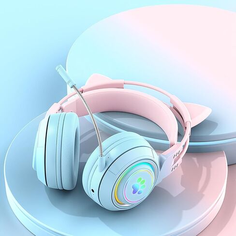 سماعة رأس لاسلكية RGB Cute Cat Ear مع ميكروفون قابل للفصل، سماعة رأس بلوتوث/سلكية مزدوجة الوضع فوق الأذن، آذان قطط وغزلان قابلة للتبديل، متوافقة مع الكمبيوتر الشخصي والكمبيوتر المحمول والكمبيوتر اللوحي والهاتف الذكي (أرجواني) in Kuwait