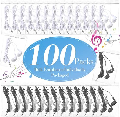Kanayu 100 Packs Kids Earbuds Bulk Basic Student Earphone Individually Bagged 3.5 mm Headphones for Schools Classrooms Library Teens Gift, Black and White in Saudi Arabia