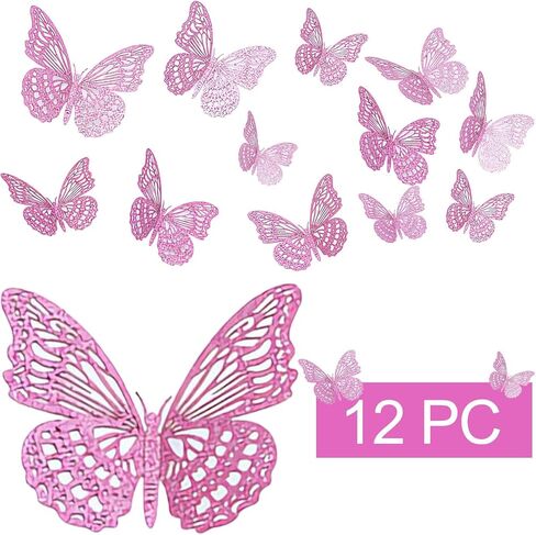 3D Butterfly Wall Decor 3 Sizes, Kurilai Flash 12Pcs Butterfly Decorations Party Birthday Cake Decoration, Removable Shiny Wall Stickers for Kids Nursery Wedding Bedroom Room Decor (Purple) in Saudi Arabia