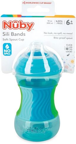 Nuby No Spill Sili Bands 10oz Soft Spout Cup with Textured Easy Grip Silicone Band - Aqua in Saudi Arabia