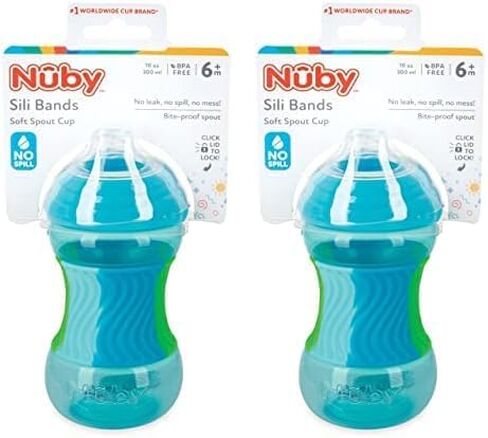 Nuby No Spill Sili Bands 10oz Soft Spout Cup with Textured Easy Grip Silicone Band - Aqua in Saudi Arabia