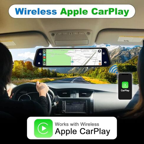 12" Mirror Dash Cam Wireless CarPlay Wireless Android Auto, Dash Cam Front and Rear Backup Camera Rear View Mirror Smart Screen for Cars & Trucks Night Vision, Parking Assistance Dual Cameras+64G Card in Kuwait