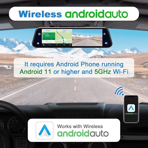 12" Mirror Dash Cam Wireless CarPlay Wireless Android Auto, Dash Cam Front and Rear Backup Camera Rear View Mirror Smart Screen for Cars & Trucks Night Vision, Parking Assistance Dual Cameras+64G Card in Kuwait