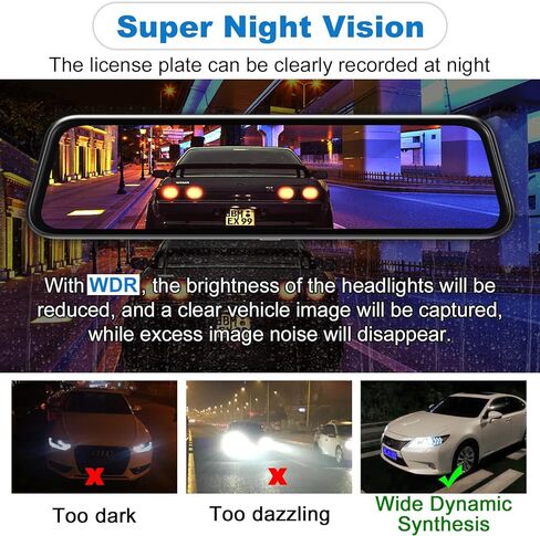 12" Mirror Dash Cam Wireless CarPlay Wireless Android Auto, Dash Cam Front and Rear Backup Camera Rear View Mirror Smart Screen for Cars & Trucks Night Vision, Parking Assistance Dual Cameras+64G Card in Kuwait