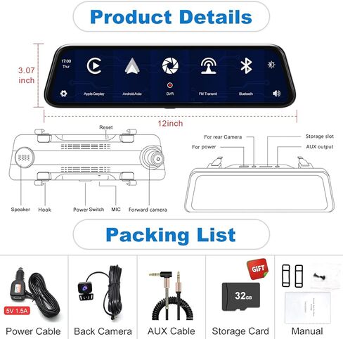 12" Mirror Dash Cam Wireless CarPlay Wireless Android Auto, Dash Cam Front and Rear Backup Camera Rear View Mirror Smart Screen for Cars & Trucks Night Vision, Parking Assistance Dual Cameras+64G Card in Kuwait