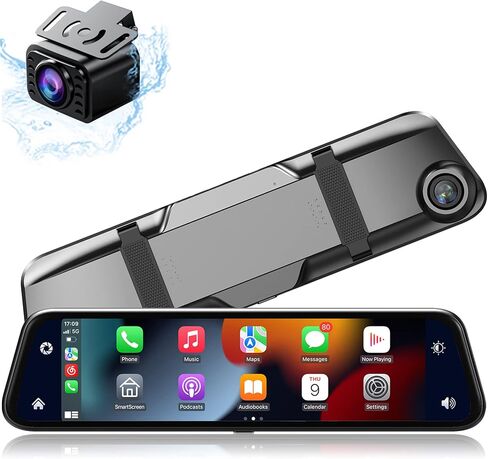 12" Mirror Dash Cam Wireless CarPlay Wireless Android Auto, Dash Cam Front and Rear Backup Camera Rear View Mirror Smart Screen for Cars & Trucks Night Vision, Parking Assistance Dual Cameras+64G Card in Kuwait