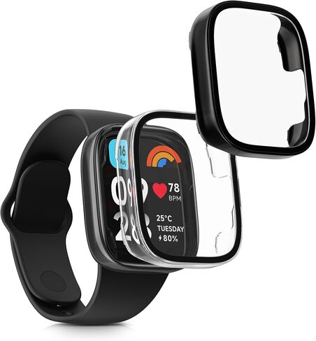 kwmobile Cover Comaptible with Xiaomi Redmi Watch 3 Active/Redmi Watch 3 Lite Covers - 2X Tempered Glass with Plastic Frame - Black/Dark Blue in Kuwait