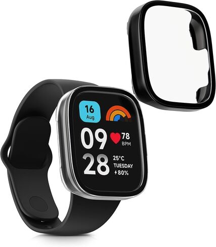 kwmobile Cover Comaptible with Xiaomi Redmi Watch 3 Active/Redmi Watch 3 Lite Covers - 2X Tempered Glass with Plastic Frame - Black/Dark Blue in Kuwait