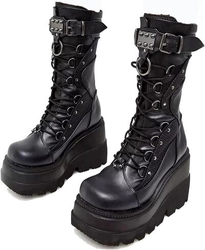 Platform Mid Calf Booties for Women Chunky High Heel Goth Boots Lace-up Punk Combat Motorcycle Wedges Boots For Women in Saudi Arabia