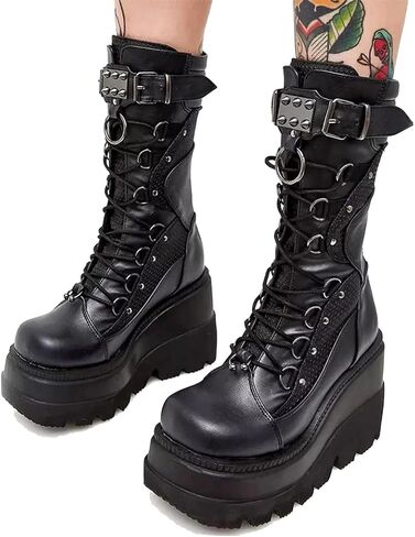 Platform Mid Calf Booties for Women Chunky High Heel Goth Boots Lace-up Punk Combat Motorcycle Wedges Boots For Women in Saudi Arabia