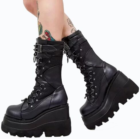 Platform Mid Calf Booties for Women Chunky High Heel Goth Boots Lace-up Punk Combat Motorcycle Wedges Boots For Women in Saudi Arabia