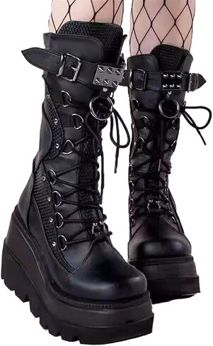 Platform Mid Calf Booties for Women Chunky High Heel Goth Boots Lace-up Punk Combat Motorcycle Wedges Boots For Women in Saudi Arabia