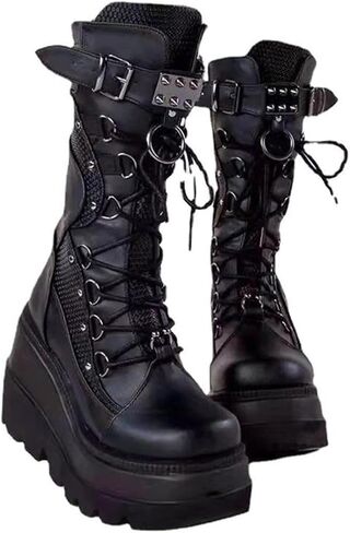 Platform Mid Calf Booties for Women Chunky High Heel Goth Boots Lace-up Punk Combat Motorcycle Wedges Boots For Women in Saudi Arabia