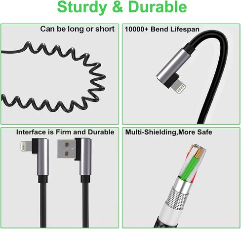 1.8M/6Ft USB iPhone 90 Degree Coiled Lightning Charging Cable for CarPlay,Elbow Apple Fast Charging+Sync Data Spring Retractable Charger Cord Adapter for iOS/iPhone 13/12/11/SE/Xs/Xr/8/7/6/iPad/iPod in Saudi Arabia
