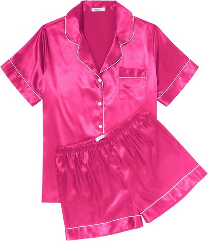 Ekouaer Womens Silk Satin Pajama Sets Soft Short Sleeve Button Down Sleepwear Top and Shorts 2 Piece Pjs Lounge Set S-XXL in Saudi Arabia