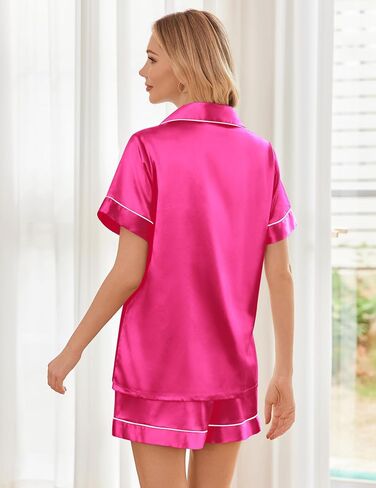 Ekouaer Womens Silk Satin Pajama Sets Soft Short Sleeve Button Down Sleepwear Top and Shorts 2 Piece Pjs Lounge Set S-XXL in Saudi Arabia