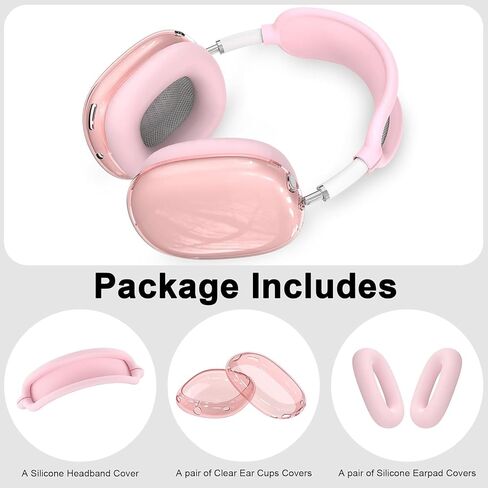 غطاء حافظة من السيليكون 3 في 1 متوافق مع سماعات Apple Airpods Max، غطاء أذن شفاف ناعم من مادة TPU / غطاء وسادة أذن من السيليكون / غطاء عصابة رأس متوافق مع Apple Airpods Max (وردي شفاف) in Kuwait