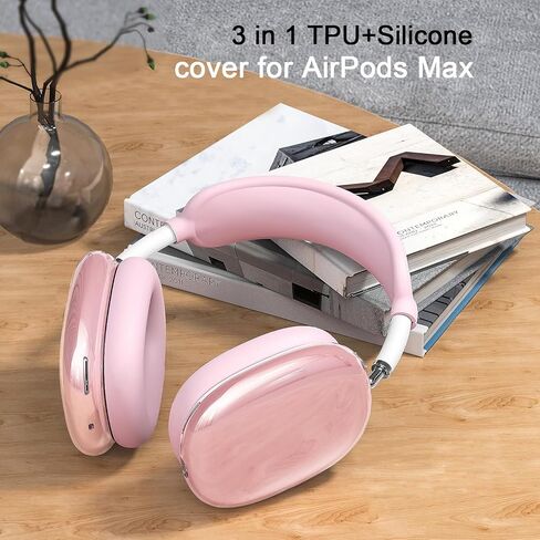 غطاء حافظة من السيليكون 3 في 1 متوافق مع سماعات Apple Airpods Max، غطاء أذن شفاف ناعم من مادة TPU / غطاء وسادة أذن من السيليكون / غطاء عصابة رأس متوافق مع Apple Airpods Max (وردي شفاف) in Kuwait