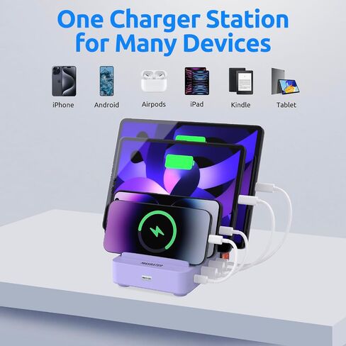 Fast & Safe Charging Station for Multiple Devices - 4 Fast Port - PD 20W & QC 3.0 - Compatible with All USB Devices - Family Charging Organizer - UL & FCC Certification - Purple in Saudi Arabia