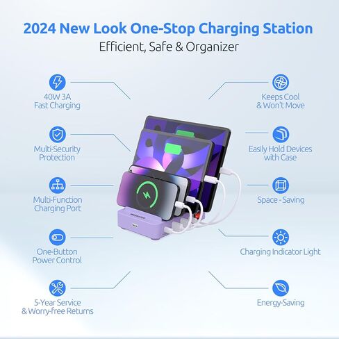 Fast & Safe Charging Station for Multiple Devices - 4 Fast Port - PD 20W & QC 3.0 - Compatible with All USB Devices - Family Charging Organizer - UL & FCC Certification - Purple in Saudi Arabia