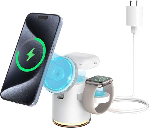 3 in 1 Wireless Charging Station for Multiple Devices Apple,MagSafe Charger Stand with Warm Night Light Compatible with IPhone 15 14 13 12 13 12 Pro/Plus/Max/X/XS,IWatch 9 8 7 SE 6/Ultra,AirPods Pro in Saudi Arabia
