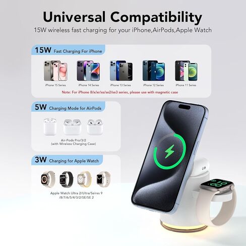 3 in 1 Wireless Charging Station for Multiple Devices Apple,MagSafe Charger Stand with Warm Night Light Compatible with IPhone 15 14 13 12 13 12 Pro/Plus/Max/X/XS,IWatch 9 8 7 SE 6/Ultra,AirPods Pro in Saudi Arabia