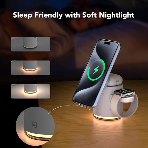 3 in 1 Wireless Charging Station for Multiple Devices Apple,MagSafe Charger Stand with Warm Night Light Compatible with IPhone 15 14 13 12 13 12 Pro/Plus/Max/X/XS,IWatch 9 8 7 SE 6/Ultra,AirPods Pro in Saudi Arabia